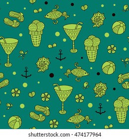 Summer set doodle pattern. Travel drawing. Vacation design vector illustration. Surface design
