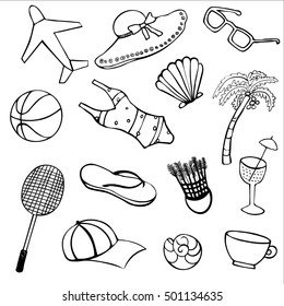 Summer set doodle pattern. Travel drawing. Vacation design vector illustration. Background on a beach theme. Hand drawn. Marine theme.