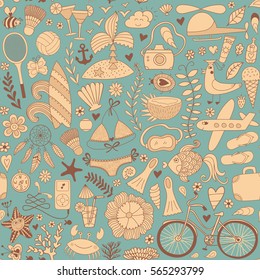 Summer set doodle pattern. Travel drawing. Vacation design vector illustration. 