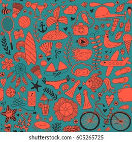Summer set doodle pattern. Travel drawing. Vacation design vector illustration. 