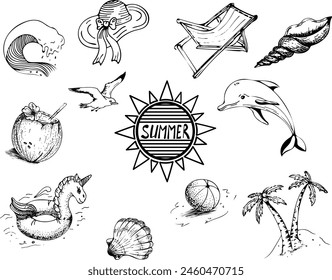 Summer set in doodle style with a wave, a seagull, a cocktail in a coconut, an inflatable unicorn, a beach hat, a ball, an island, a lounger and shells. Graphic arts.
