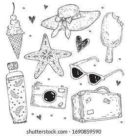 Conjunto de doodles de verano con sombrero de paja, botella de agua, lentes de sol, cámara, helado, esquimal, pez estrella y maleta. Viajes, vacaciones, playa, mar