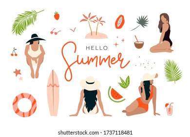 Sommer Set mit Elementen - Kalligraphie, Mädchen, tropische Blätter, Früchte und andere. Ideal für Web, Karte, Poster, Cover, Tag, Einladung, Aufkleber Kit. Vektor-Abbildung