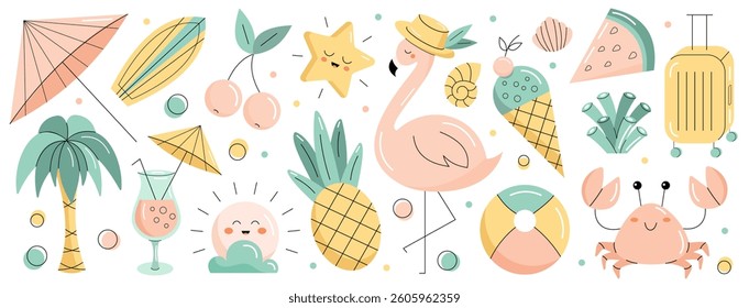 Summer set of elements with ice cream, watermelon flamingo, pineapple, palm tree, ball, sun umbrella, crab. Flat vector illustration