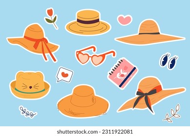 Summer set of elements. Straw hats with bows, glasses, flowers, notepad, like. A set of flat vector elements. A network of summer stickers for social networks. Tourism and travel. Cute illustration