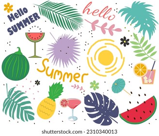 Summer set of elements. Watermelon, pineapple, cocktail, sun. Hello summer. Vector illustration.