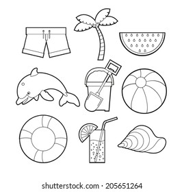 Summer set Summer equipment created in black & white, great for coloring book or simple icons.