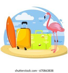 Summer set. Famingo, suitcases, surfboard. Vector Flat Illustration