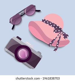 Summer set of fashion elements from glasses, hat and camera
