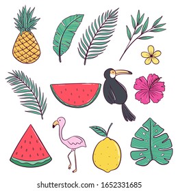 Summer set with flamingo, pineapple and watermelon. Colored doodle style of summer