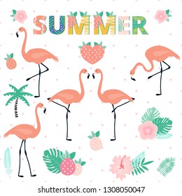 Summer set of flamingoes in different poses, pineapples, tropical leaves and flowers.