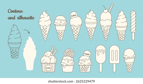 Summer set of flat contour ice cream doodle hand drawn icon, element. Outline drawing gelato in waffle, paper cone, isolated clipart collection on blue background. Vector EPS10
