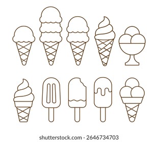 Summer set of flat contour ice cream doodle hand drawn icon, element from simple geometric shapes. Outline drawing gelato in waffle, paper cone, clipart collection on white background. Vector EPS10