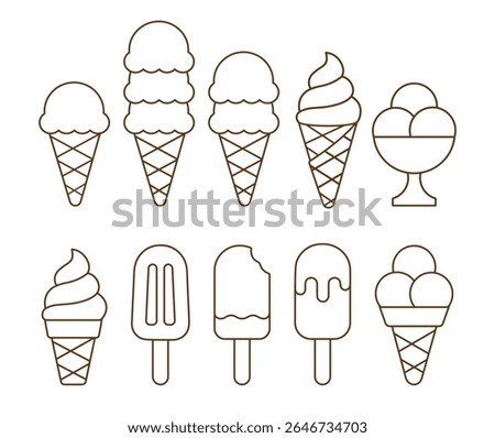 Summer set of flat contour ice cream doodle hand drawn icon, element from simple geometric shapes. Outline drawing gelato in waffle, paper cone, clipart collection on white background. Vector EPS10