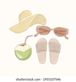 Summer set with flip-flops, sunglasses, hat. Hand drawn vector illustration.