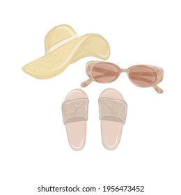 Summer set with flip-flops, sunglasses, hat. Hand drawn vector illustration. Perfect for summertime poster, card, scrapbooking , tag, invitation, sticker kit.