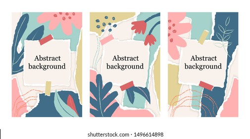 Summer set of floral background with torn paper pieces in pastel color, chalk line, square note. Greeting fashion card in scandinavian style. Paper cut collage design. Abstract vector Illustration.