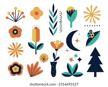 summer set of flower, leaves, spruce, simple figure. trendy botanical collection in linear style. elements isolated on white background. for print, banner, postcard, social network. vector art