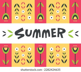Verano con flores de estilo gráfico plano geométrico. Daisies con campanas al estilo del arte pop. Letras escritas a mano de verano con elementos florales. Banner brillante, colorido, postal, afiche para imprimir.