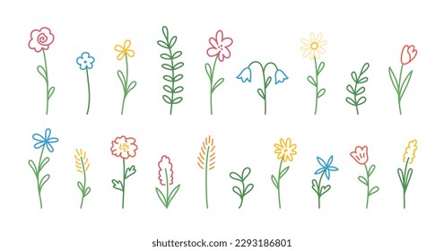 Summer set of  flowers, leaves, branches, herbs, hand draw. Spring and summer collection. Vector flowers isolated on a white background. Suitable for postcards, banners, wedding invitations.