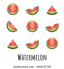 Summer set of fresh ripe watermelon. Single, half and a slice of watermelon. Red Watermelon concept vector illustration.