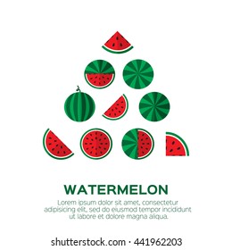 Summer set of fresh ripe watermelon. Single watermelon, half a watermelon, a slice of watermelon. Red Watermelon concept vector illustration