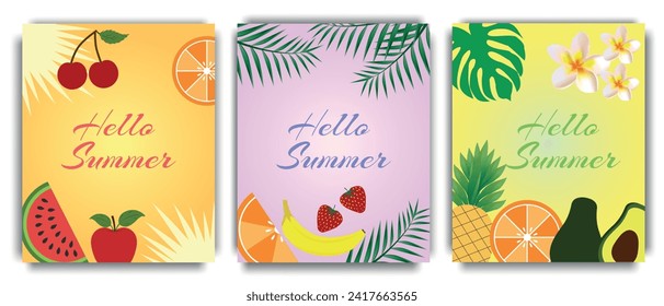 Summer set of fruit vector posters. Hello summer text with fruits and tropical leaves on a bright summer background. Holiday season vector illustration, banner, flyer, template.