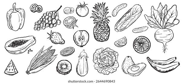 Summer set with fruits and vegetables in black brush stroke texture isolated on white. Hand drawn vector sketch illustration in vintage charcoal ink. Pepper, papaya, pineapple, food design