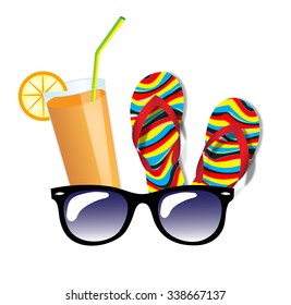 Summer set, glasses, cocktail, flip flops