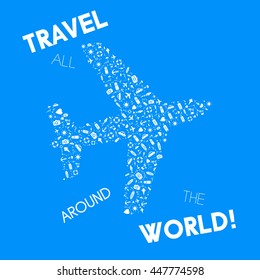 Summer set glyph pattern in a surf shape. Travel drawing. Vacation design vector illustration. Cool text that could be easily removed.
