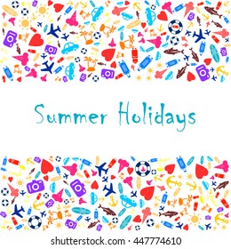 Summer set glyph pattern in a surf shape. Travel drawing. Vacation design vector illustration. Cool text that could be easily removed.