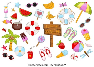 Summer set graphic elements in flat design. Bundle of beach pointer, tropical palm, ice cream, cocktail, watermelon, sunglasses, banana, lolly, lifebuoy and other. Vector illustration isolated objects