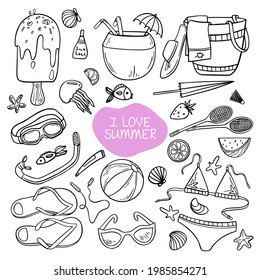 Summer set of hand drawn beach accessories, drink, coconut, bag, bikini, flip-flop, ball, fish, badminton, ice cream, sunglasses, watermelon, snorkeling mask on white background. Vector illustration.