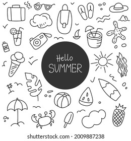 Summer set. Hand drawn summer set. Cartoon summer set, vector illustration.