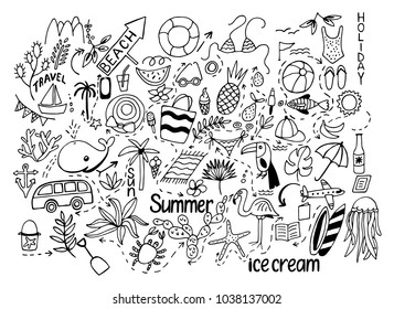 Summer set with hand drawn cut images. Line art illustration with things for beach and holiday travel. Background for cards, prints and posters. Vector.