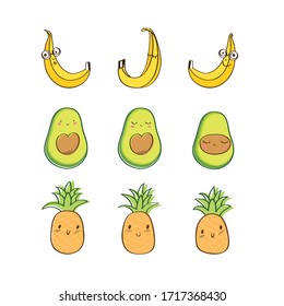 Summer set of hand drawn cute bananas, avocados and pineapples. Doodles, sketch for your design. Vector.