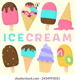 summer set hand drawn cute colorful kawaii ice cream vector illustration