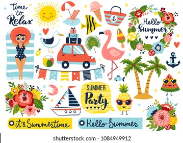 Conjunto de verão, elementos desenhados à mão- caligrafia, flores, folhas tropicais, pássaros, grinaldas e outros. Perfeito para web, cartão, cartaz, capa, etiqueta, convite, kit de adesivos. Ilustração vetorial