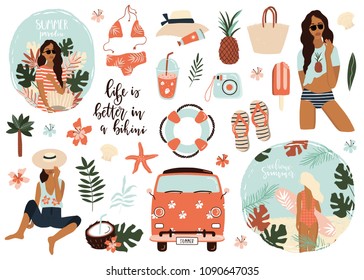 Summer set with hand drawn elements - girls, calligraphy, pineapple, tropical leaves, floral, bus and other. Perfect for web, card, poster, cover, tag, invitation, sticker kit. Vector illustration