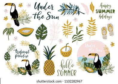 Summer Set, Hand Drawn Elements- Calligraphy, Flowers, Tropical Leaf, Birds, Wreaths, And Other. Perfect For Web, Card, Poster, Cover, Tag, Invitation, Sticker Kit. Vector Illustration