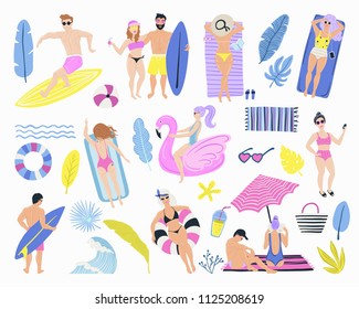 Summer set with hand drawn elements.  Young men and women. People swimming, relax. Vector retro cartoon illustration, trendy style.