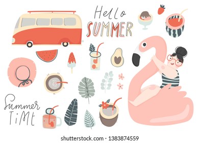 Summer set - hand drawn elements - tropical plants, fruits, lettering, people. Vector illustrations 