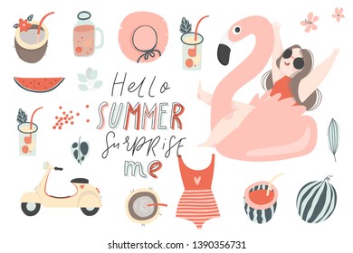 Summer set - hand drawn elements - tropical plants, fruits, lettering, people. Vector illustrations 