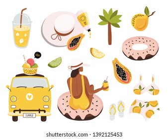 Summer set, hand drawn elements - fruits, tropical leaf, girl, ice cream and other. Perfect for web, card, poster, cover, tag, invitation, sticker kit. Vector illustration