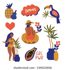 Summer set, hand drawn elements - fruits, tropical leaf, girl, toucan and other. Perfect for web, card, poster, cover, tag, invitation, sticker kit. Cartoon characters. Vector illustration.