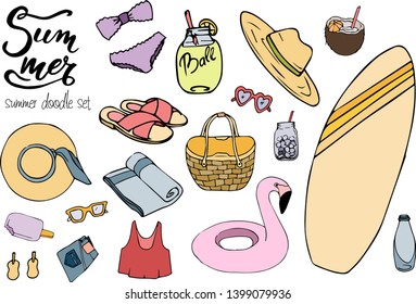 Summer set, hand drawn elements - cocktail, sunglasses girl, swimwear, surfboard, flamingo lifebuoy and other. Perfect for web, card, poster, cover, tag, invitation, sticker kit. 