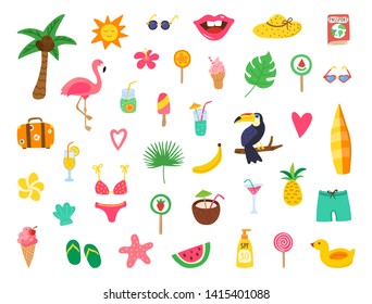 Summer set with hand drawn elements. Summer beach party design with doodle flamingo, flowers, tropical fruit, sweets. Color collection for cards, posters, invitation, stickers. Vector illustration.