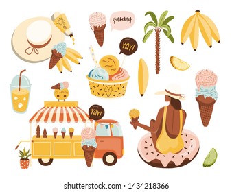 Summer set, hand drawn elements - tropical fruits, girl, ice cream, bus and other. Perfect for web, card, poster, cover, tag, invitation, sticker kit. Vector illustration