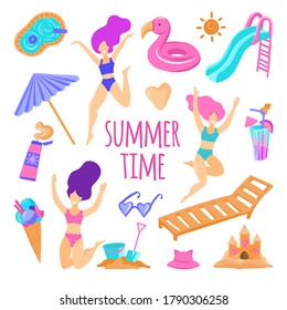 Summer set of hand drawn elements of a girl, schizlong, fun, umbrella, flamingo. Perfect for web, postcard, poster, cover, tag, invitation, sticker set. Vector illustration with beach stuff or pool