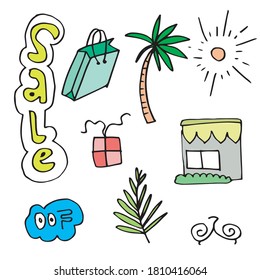 Summer set with hand drawn elements - sun, calligraphy, flowers, tropical leaves, gift and other. Perfect for web, card, poster, cover, tag, invitation, sticker kit. Vector illustration.